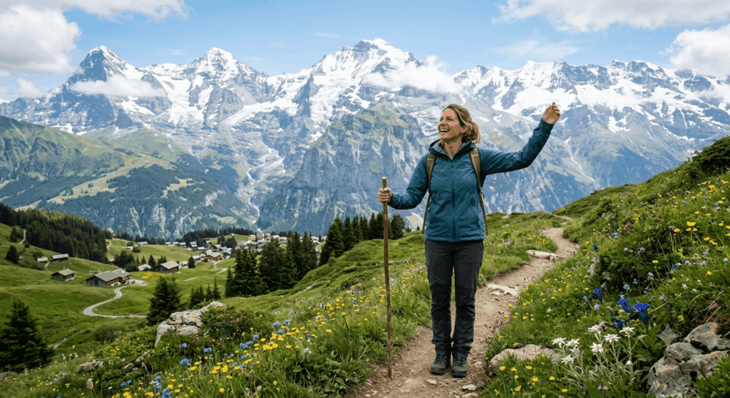 glückliche Frau Schweiz Landschaft Berge Alpen Brauchtumschweiz Sidebar